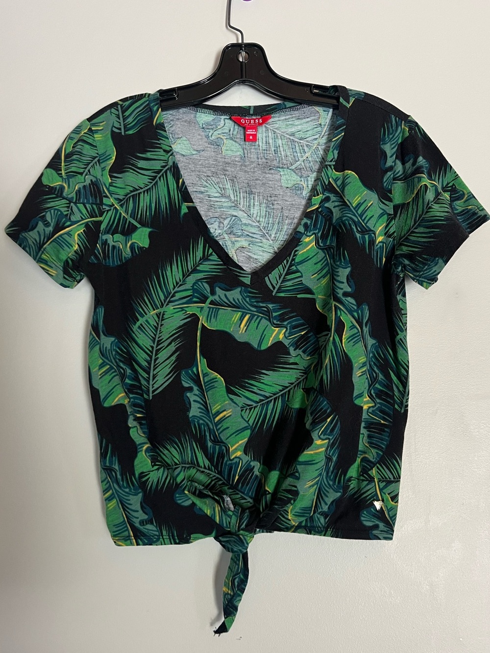 GUESS Black Green Tropical Palm Leaf Tie Front V Neck Short Sleeve Top Small